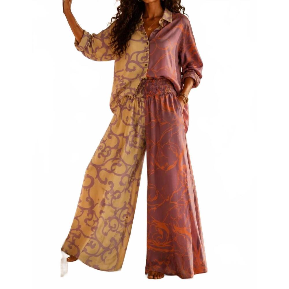 NEW SURELYMINE printed satin shirt & wide leg pant set in pink